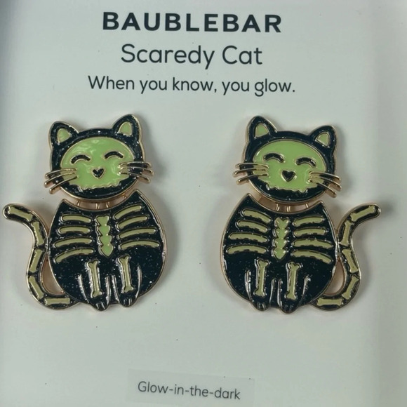BAUBLEBAR Halloween Cat Dangle/Drop Earrings with Glow in the Dark Skeleton NWT - Picture 2 of 2